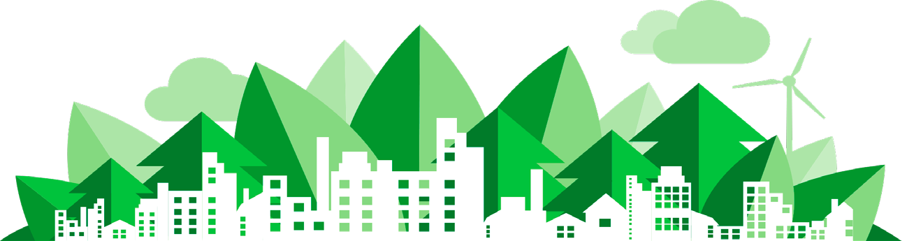 A vector illustration representing a white cityscape in front of a green environmental landscape.