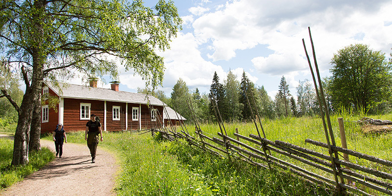 Hikers walking on a path in front of an old timber building on a sunny day. Kovero Crown Tenant Farm, Seitseminen National Park. Photo by Sannamari Ratilainen.