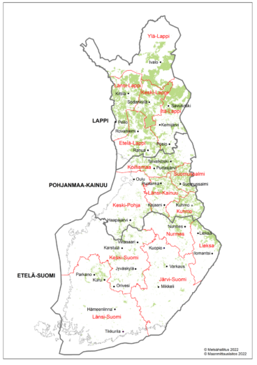 Suomen kartalla näkyvät metsätalouden tiimirajat ja valtion monikäyttömetsät.
