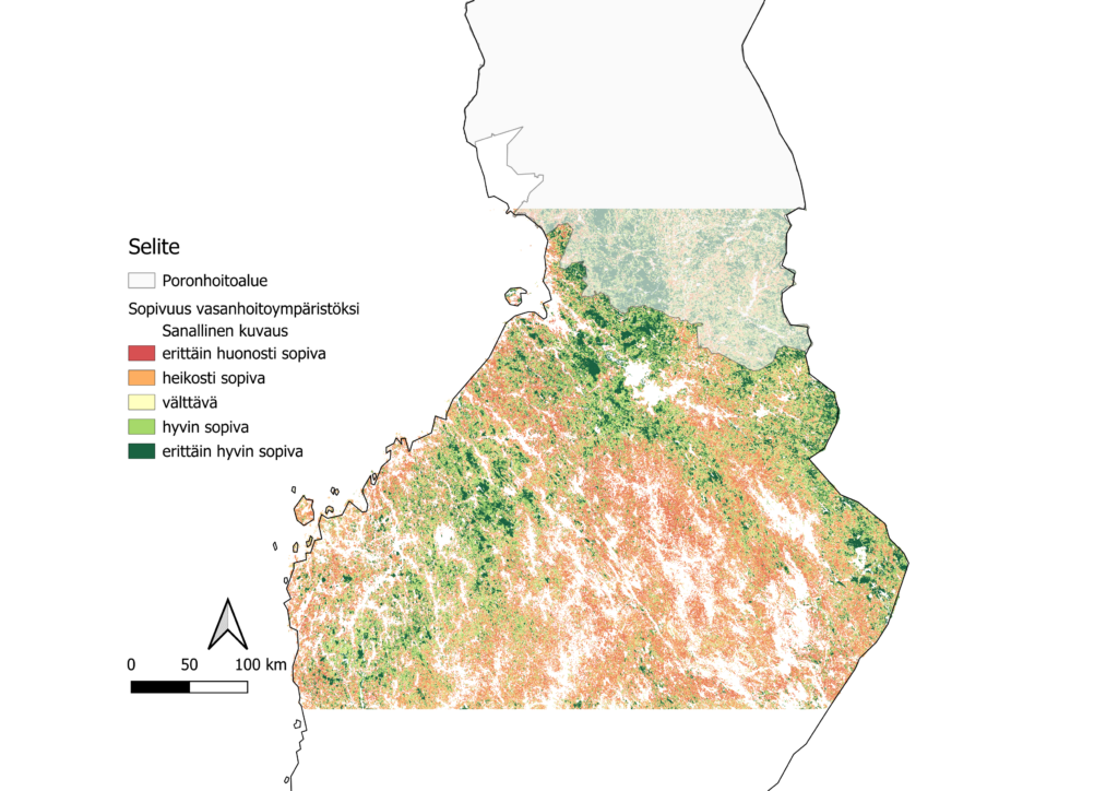 Ennustekartta metsäpeuroille tärkeistä vasanhoitoympäristöistä.
