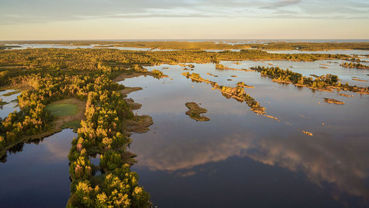 Kapeat, metsäiset niemet työntyvät ulos tyyneen veteen, johon heijastuu taivaan pilviä.