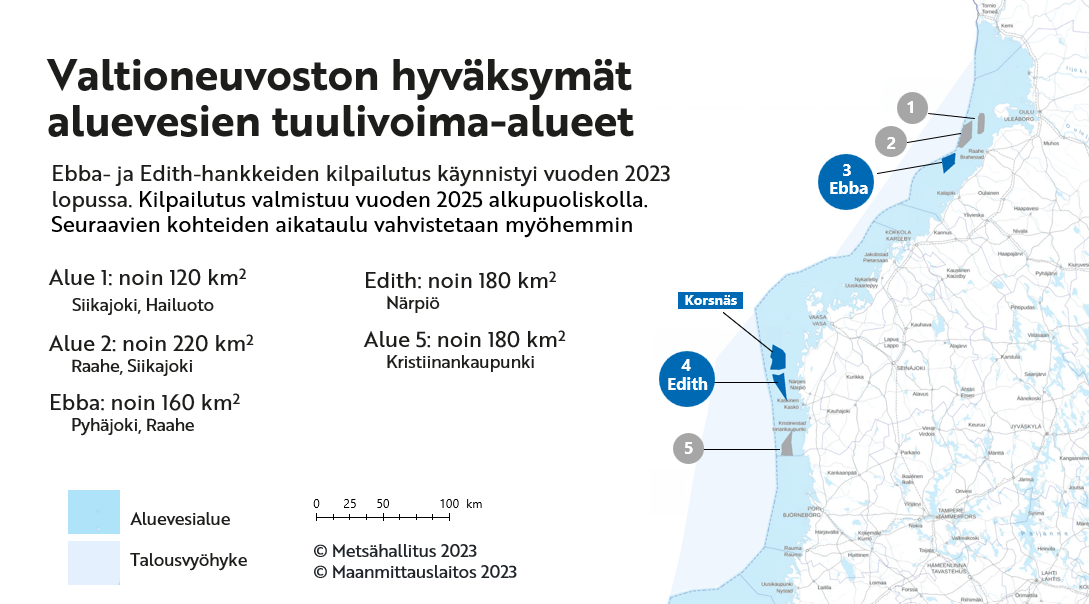 Valtioneuvoston hyväksymät aluevesien tuulivoima-alueet kartalla