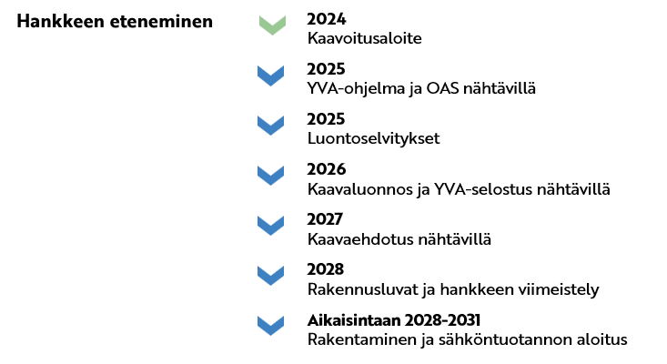 2024 Kaavoitusaloite 2025 YVA-ohjelma ja OAS nähtävillä 2025 Luontoselvitykset 2026 Kaavaluonnos ja YVA-selostus nähtävillä 2027 Kaavaehdotus nähtävillä 2028 Rakennusluvat ja hankkeen viimeistely Aikaisintaan 2028-2031 Rakentaminen ja sähköntuotannon aloitus