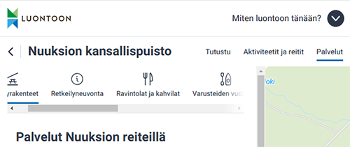 Kuvakaappauksessa näytetään erilaisten palvelujen sijainti Nuuksion kansallispuiston esittelysivulla.